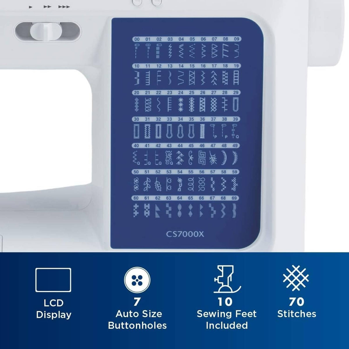 LCD stitch selection panel with categories, numbers, and icons