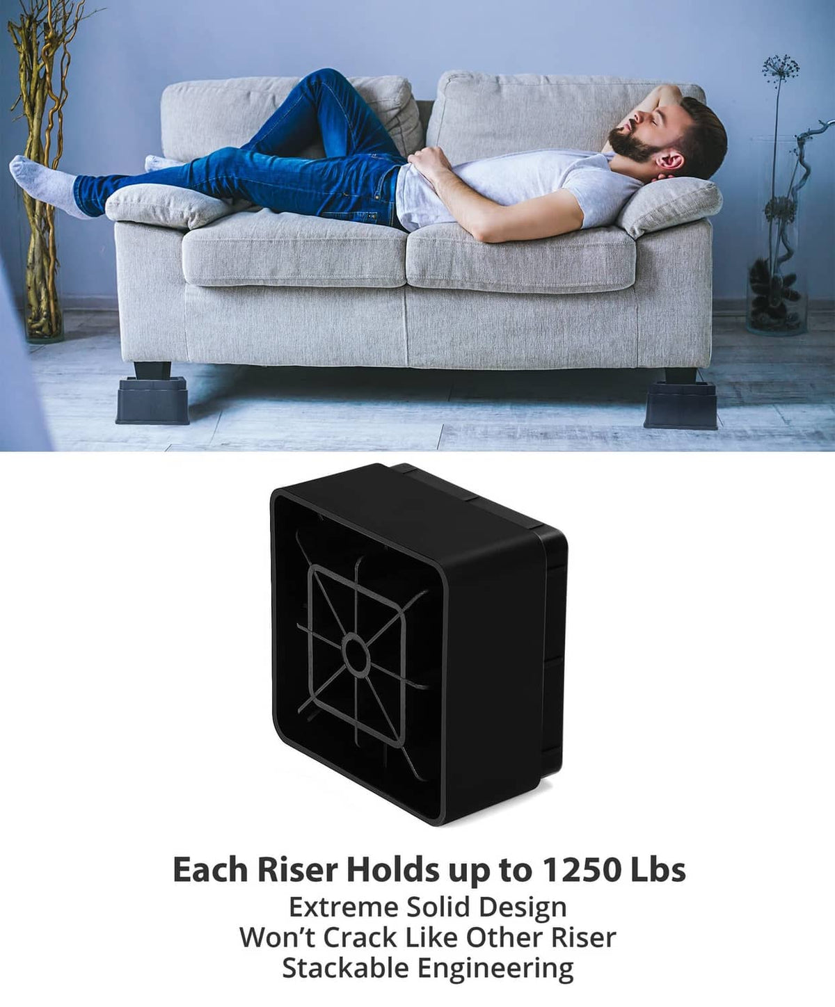 Stackable black bed risers with square base for heavy-duty support