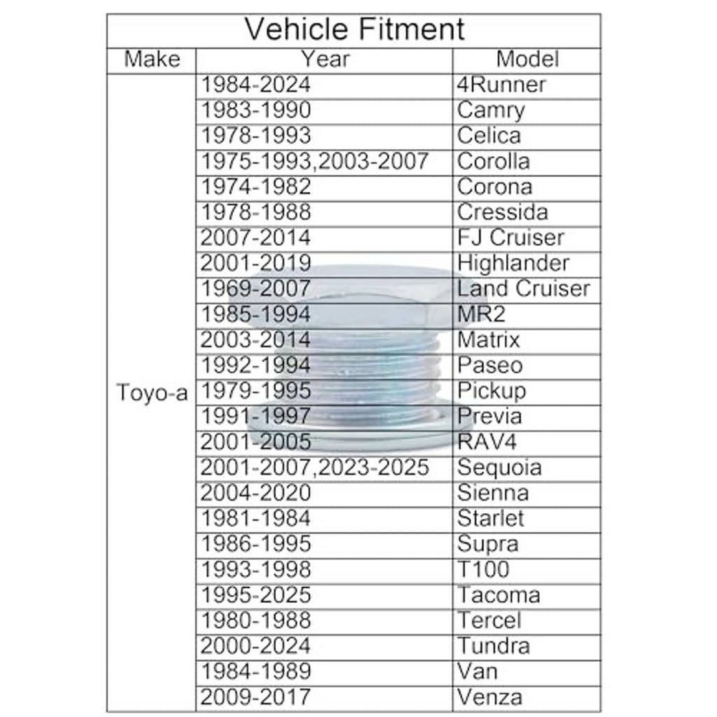Vehicle fitment chart table for Toyota models and years