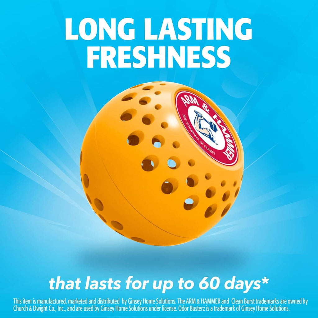 Orange perforated odor eliminator ball with red-and-white logo badge
