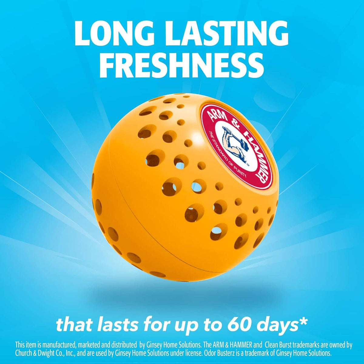 Orange perforated odor eliminator ball with red-and-white logo badge