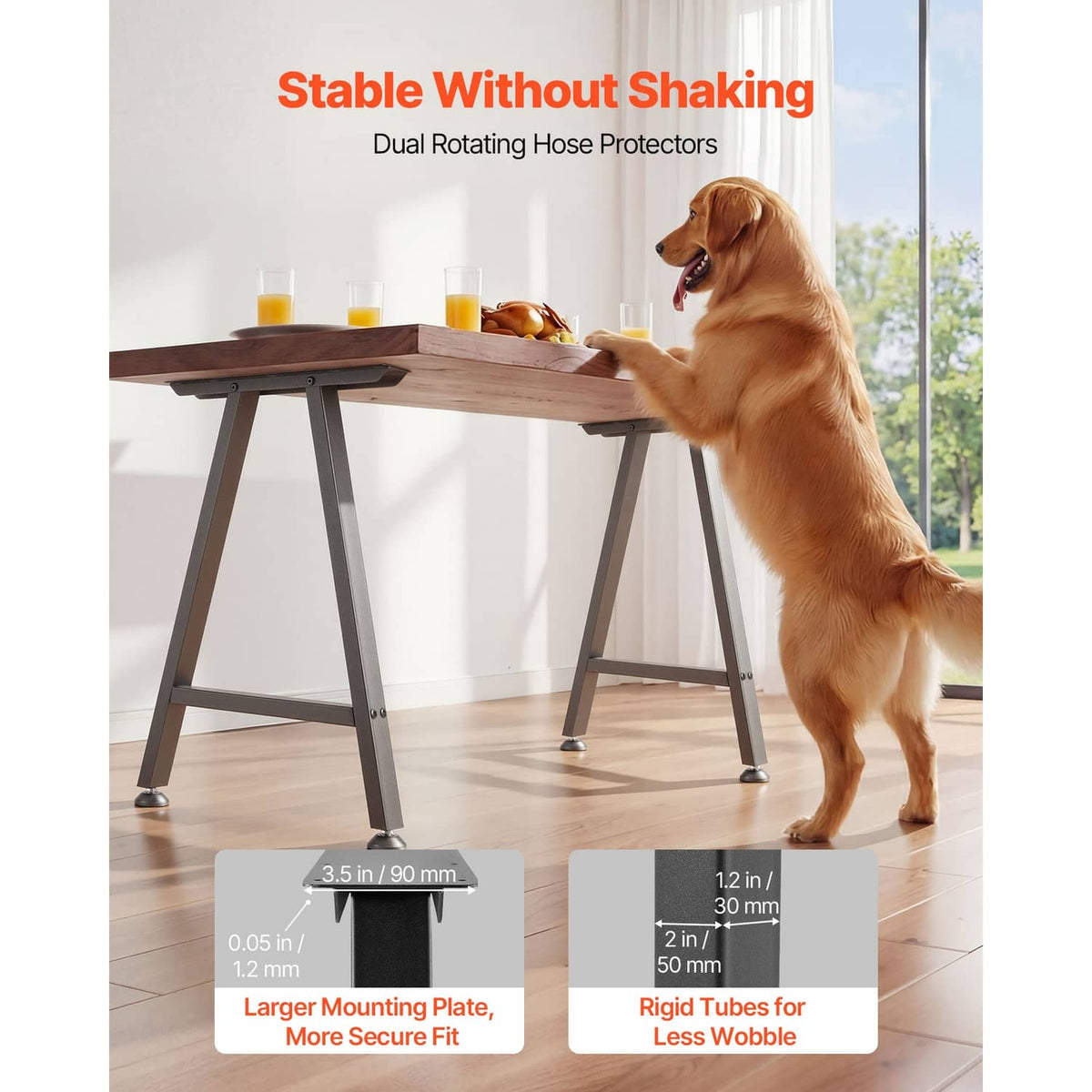 Black trapezoid table leg with wide top frame and non-slip rubber feet