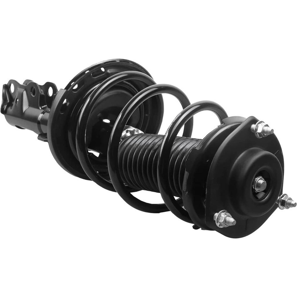 Black front strut shock absorber assembly with coil spring and upper mount