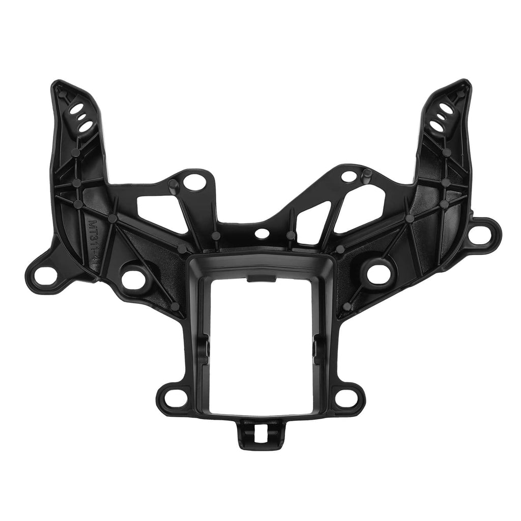Black upper fairing stay bracket back side with square opening and bolt hole layout