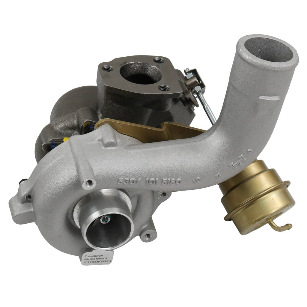 Turbocharger with silver cast housing and gold compressor housing, shown at an angle