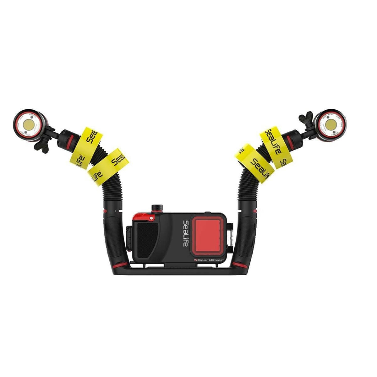 Underwater camera float with black tubing, yellow Sealiife rings, and front camera mount