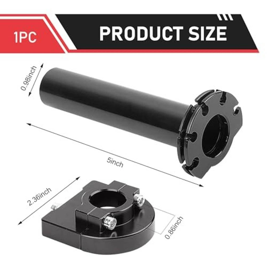 Black quick-throttle handlebar grip and CNC mounting base, shown with size diagram