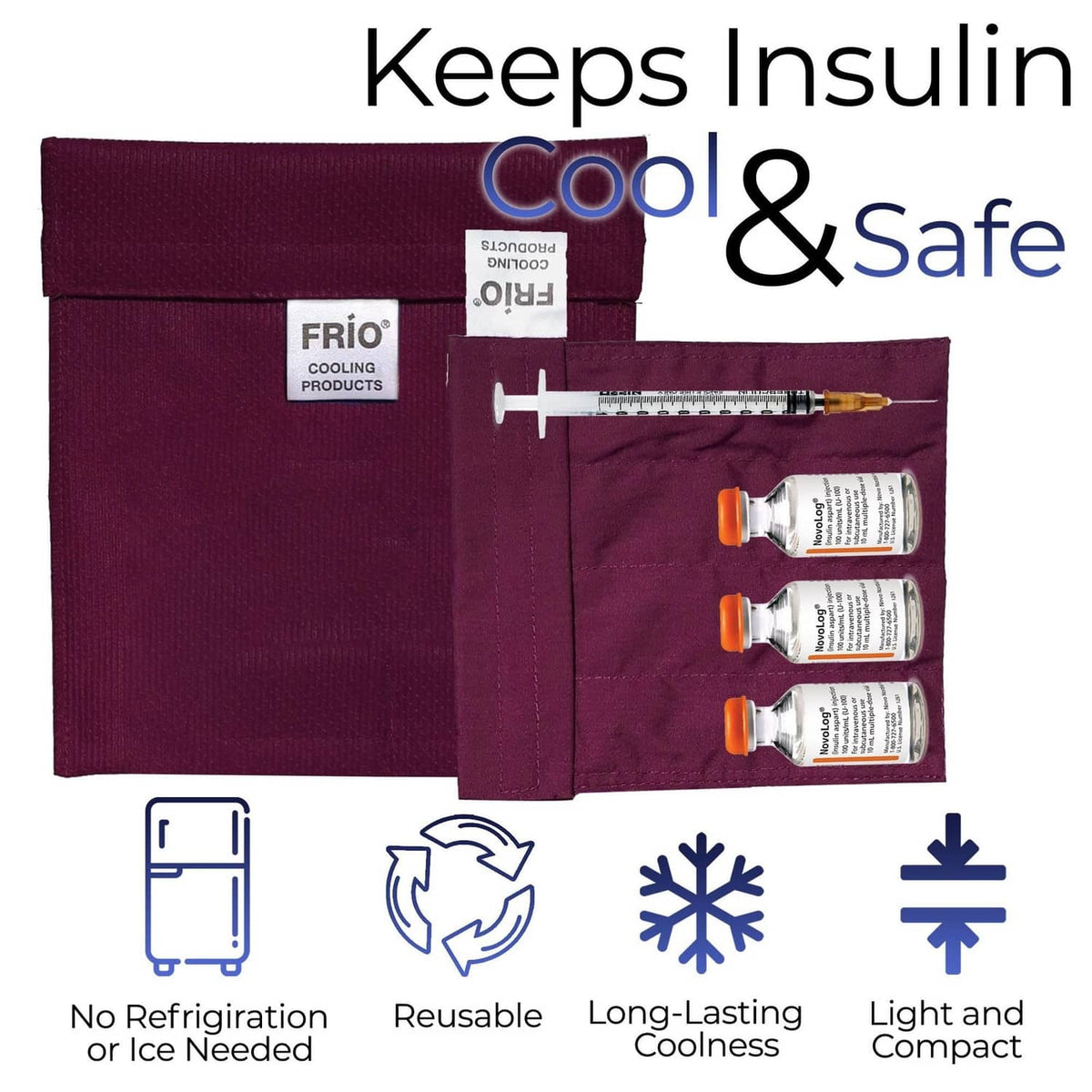 Burgundy cooling wallet case open with three insulin vials and syringe