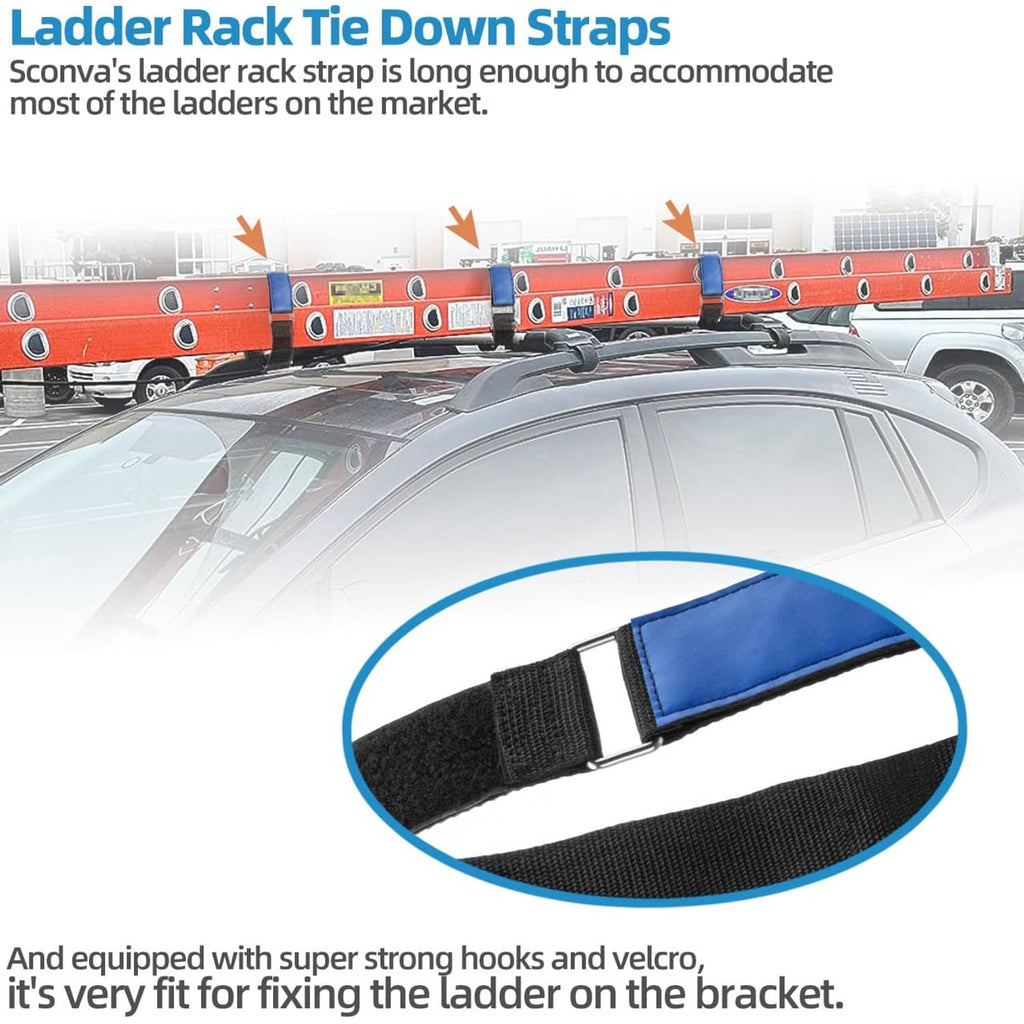 Black ladder rack tie-down strap with blue hook-and-loop pad