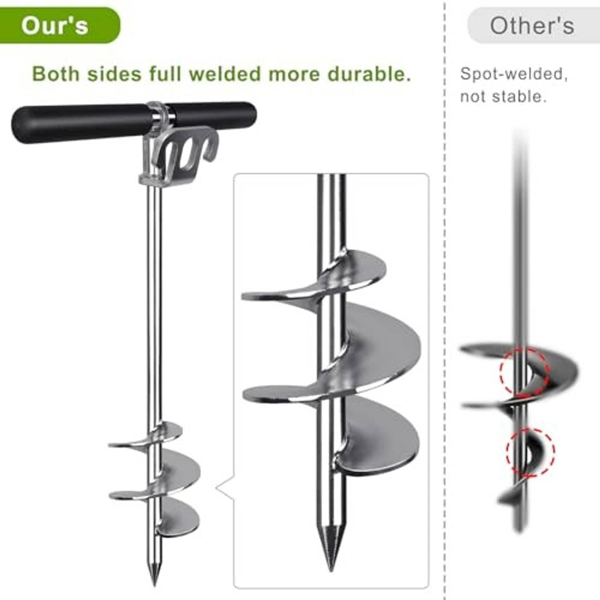 Sand anchor with full welded spiral flukes and black grip handle, detachable setup