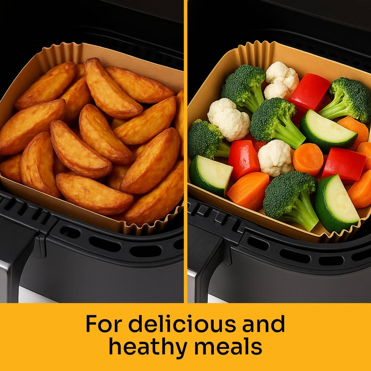 Tan paper liner with scalloped edges holding cooked fries and vegetables