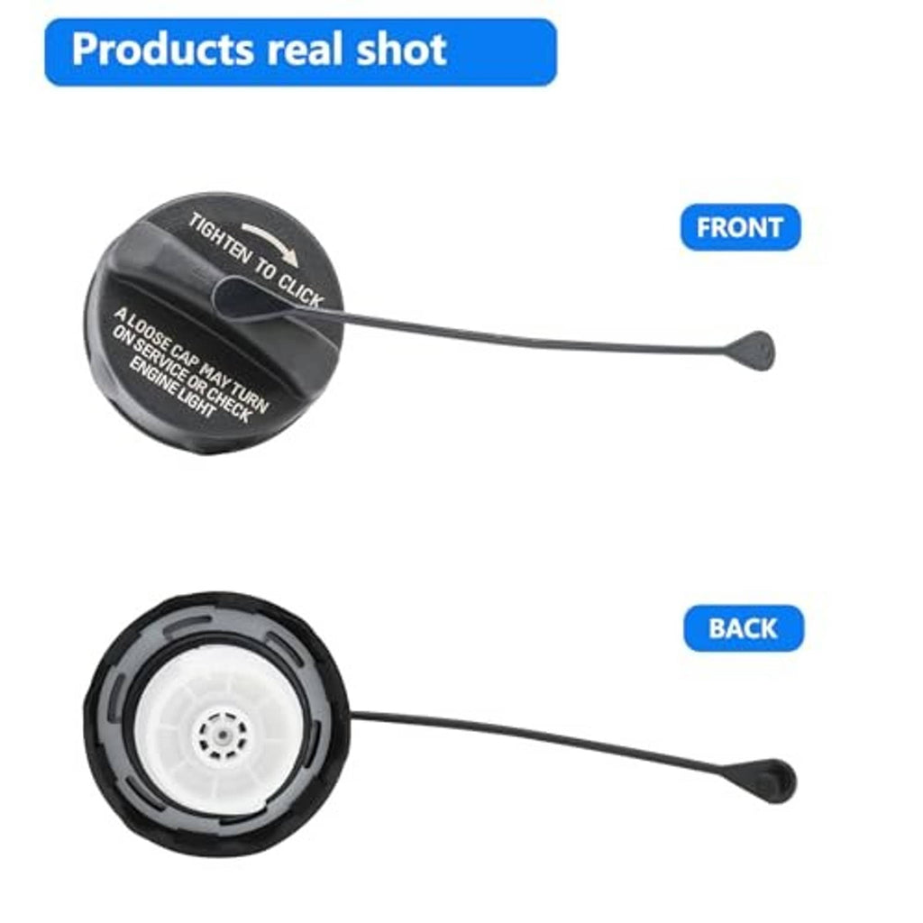 Fuel gas cap front and back views, black cap with tether and white inner seal