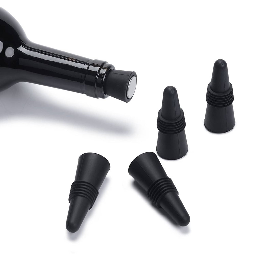 Black silicone wine stoppers sealing a bottle neck with ridged conical ends