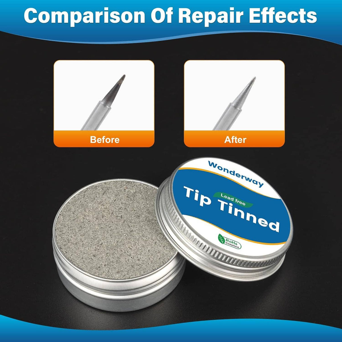 Solder tip cleaning tin shown with before and after repair comparison