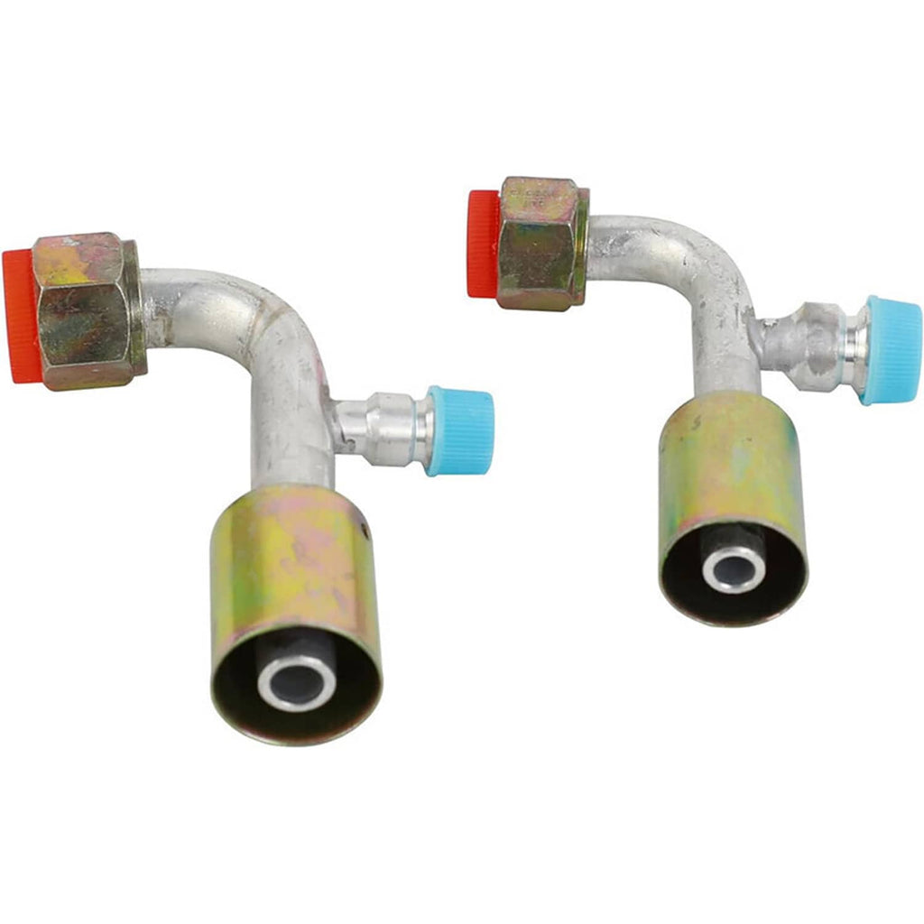 Two A/C service fittings with blue and red capped ports and flared tube ends