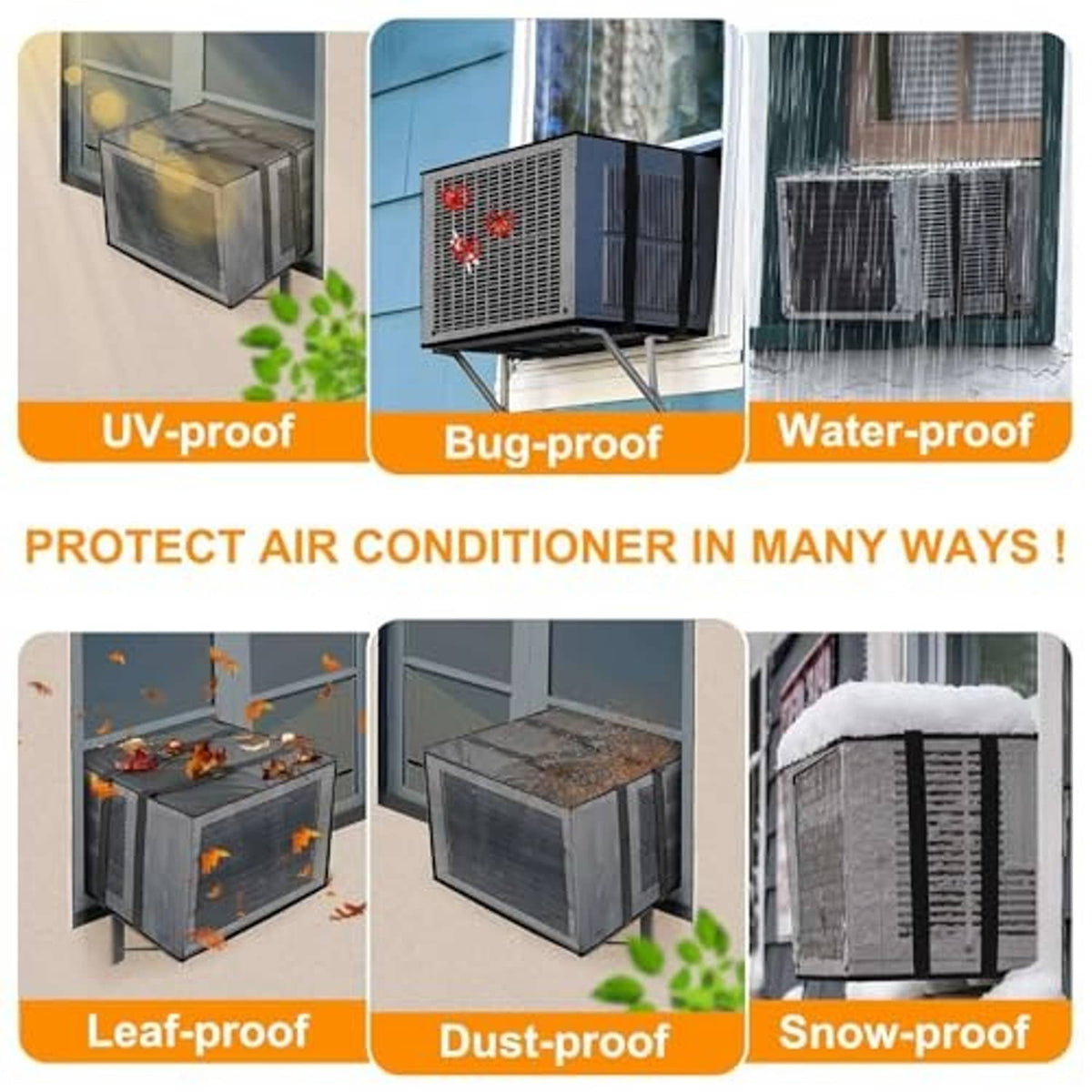Mesh AC cover protecting window unit, with water, dust, and bug resistance shown
