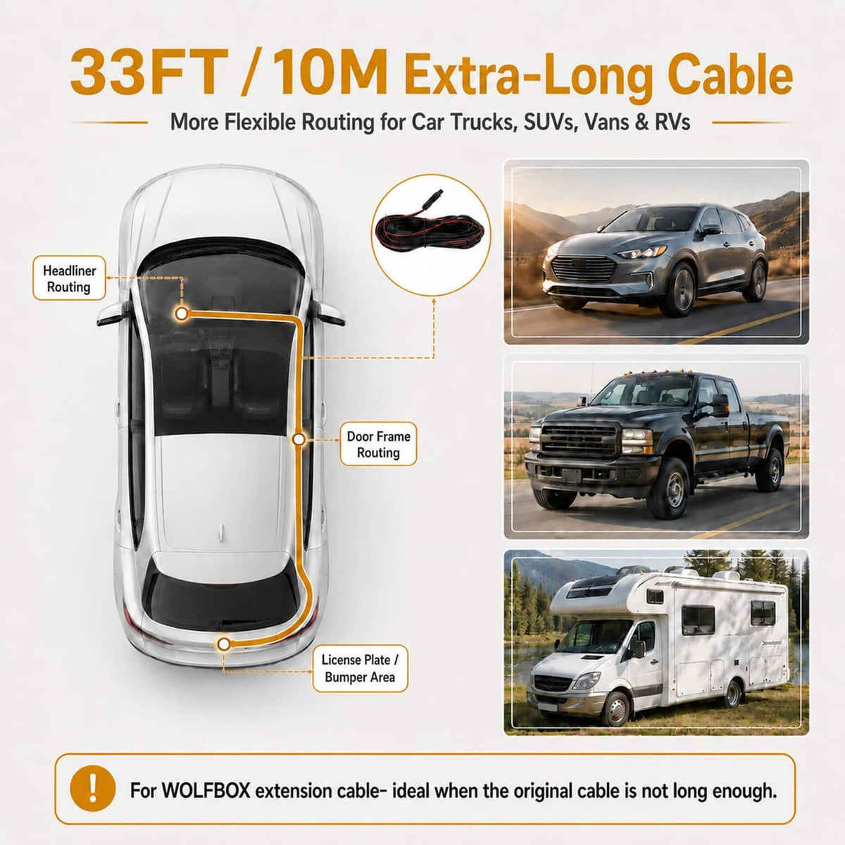 33 ft (10 m) black rear camera extension cable with routing cable set for dash cam