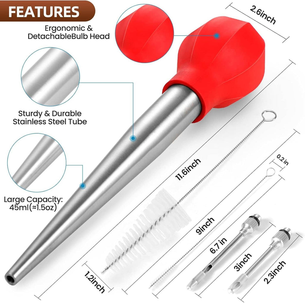 Red bulb-head turkey baster with stainless tube, cleaning brush, and injector needles