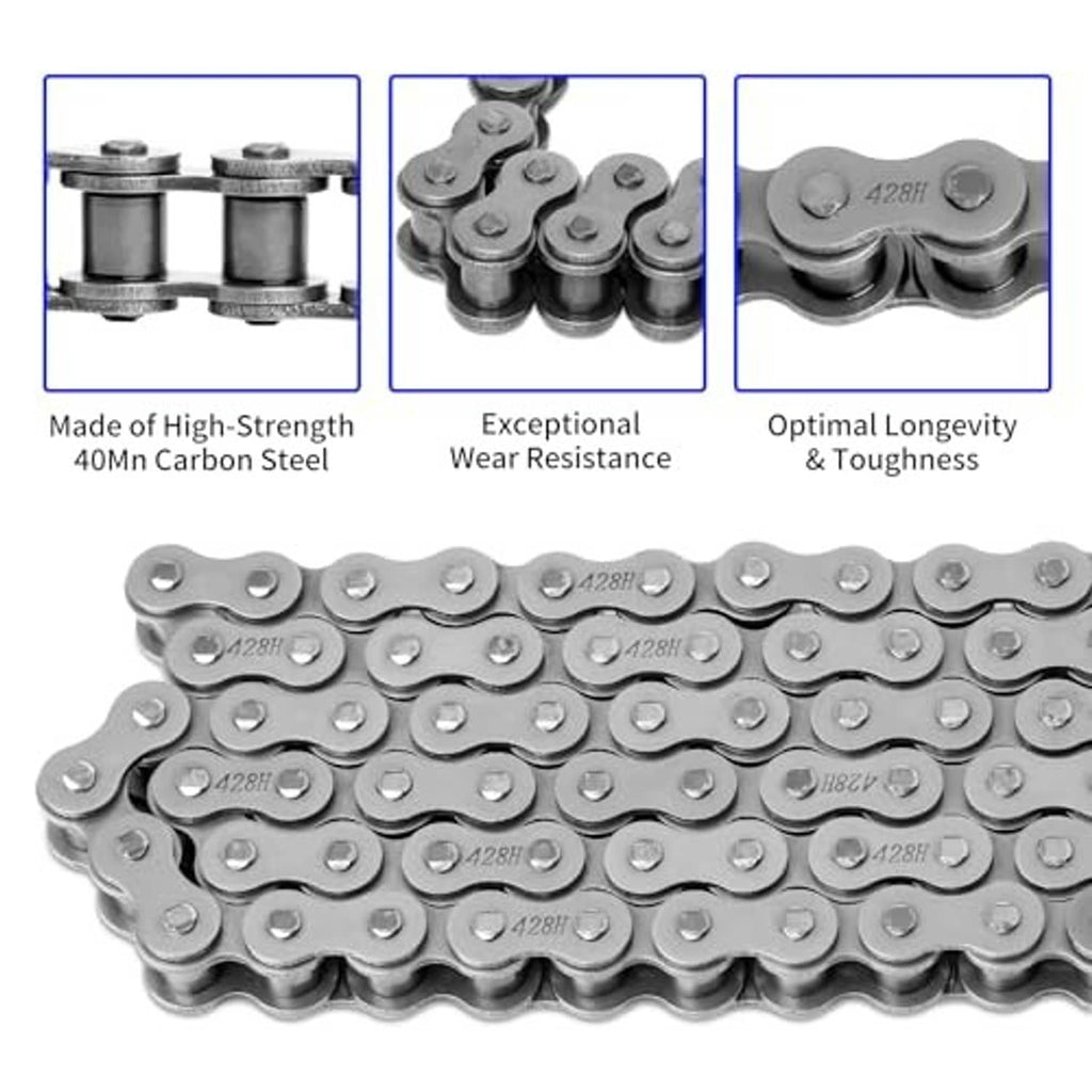 Heavy-duty motorcycle chain with stamped link plates, silver metal detail close-up