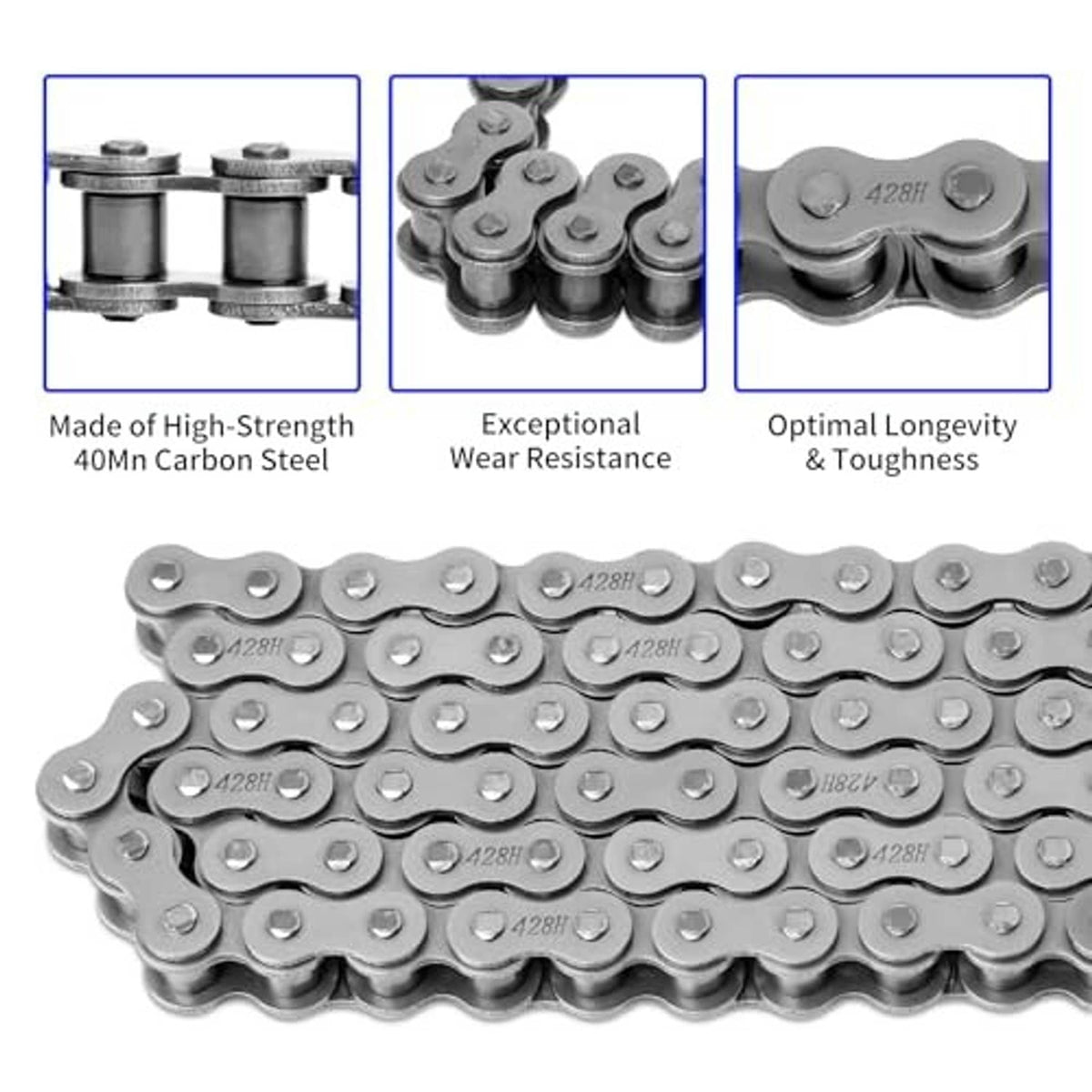 Heavy-duty motorcycle chain with stamped link plates, silver metal detail close-up
