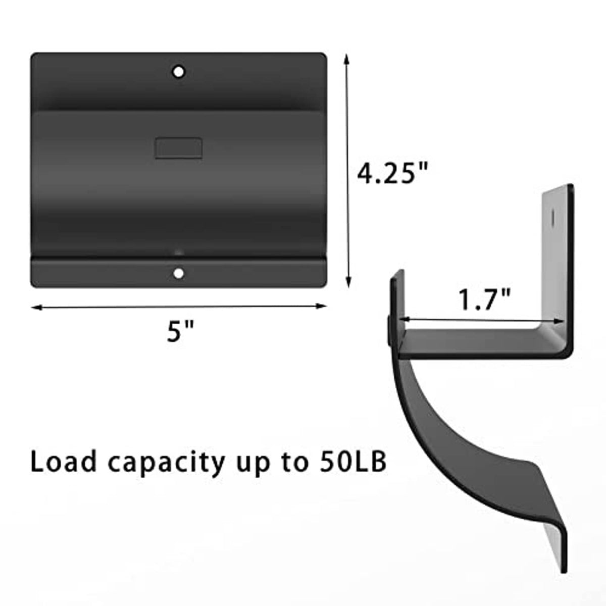 Black wall-mount ladder hook with dimensions and load capacity up to 50 lb