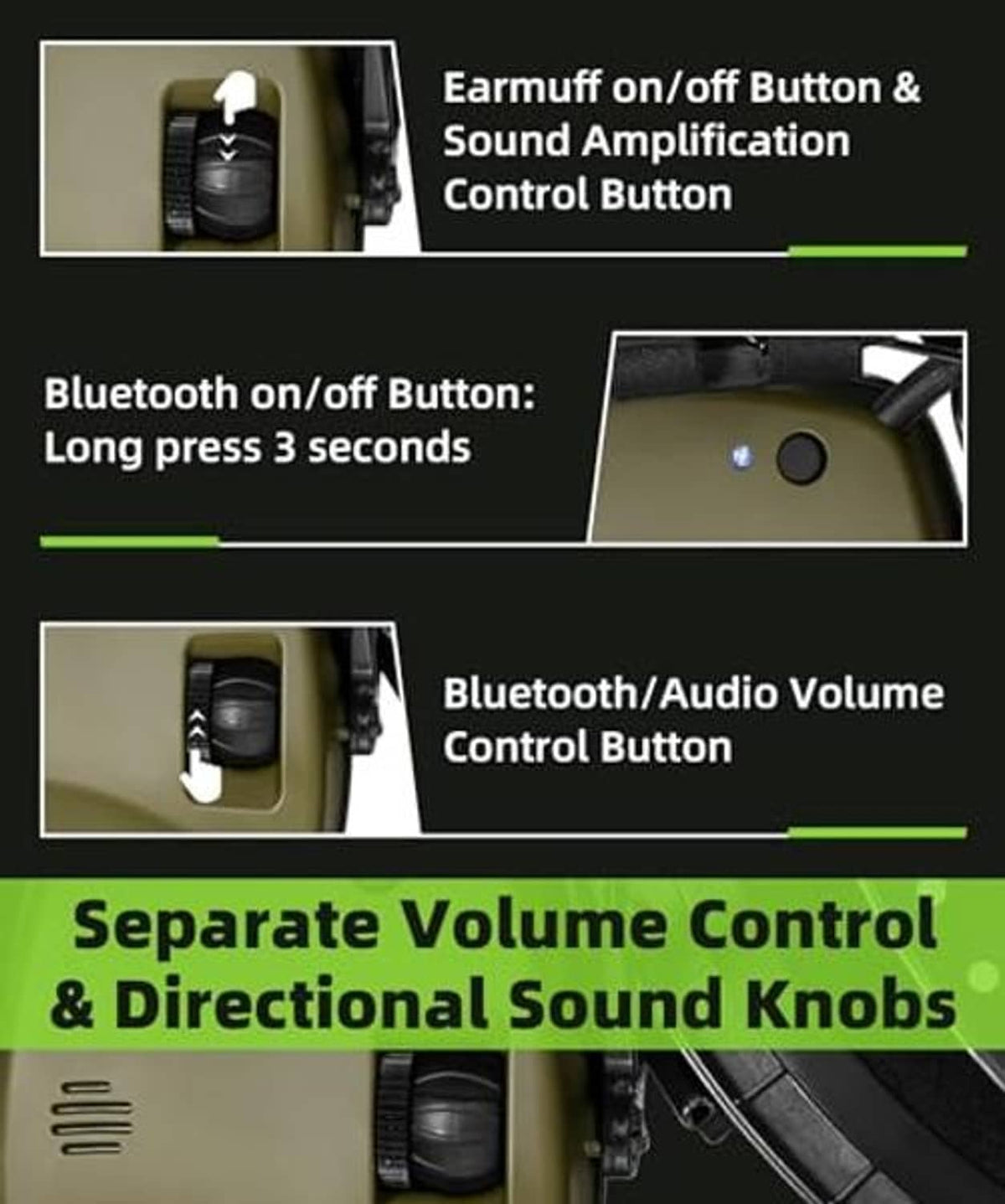 Electronic earmuffs close-up showing on/off button and volume control knobs on ear cup