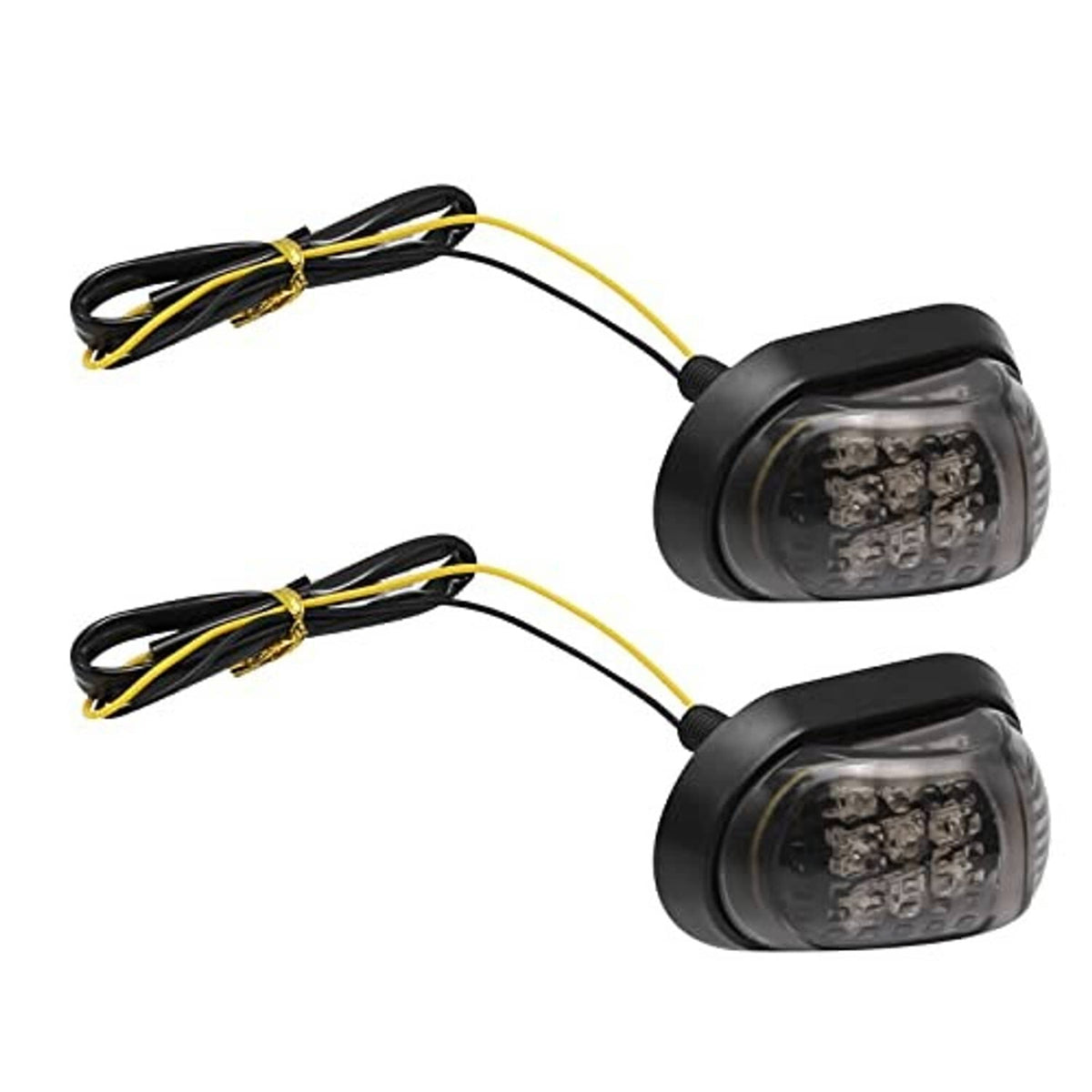 Two amber LED flush-mount turn signals with black housings and yellow/black wires