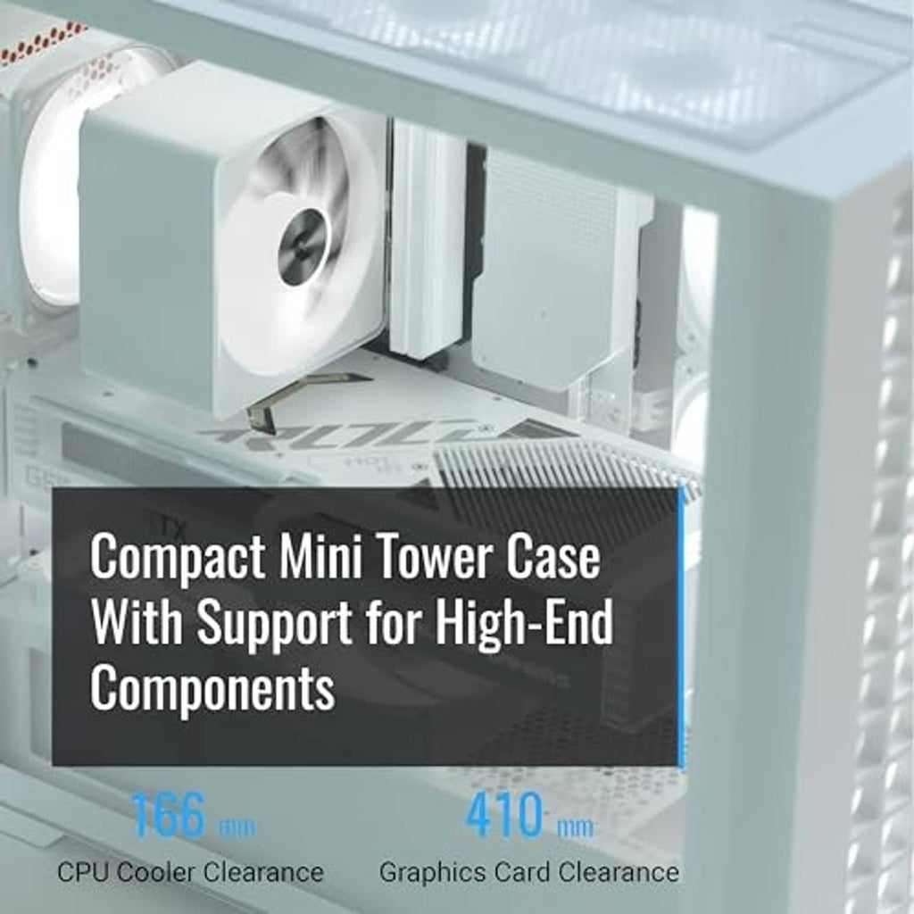 White mini tower PC case showing open side with cooling fan near graphics area