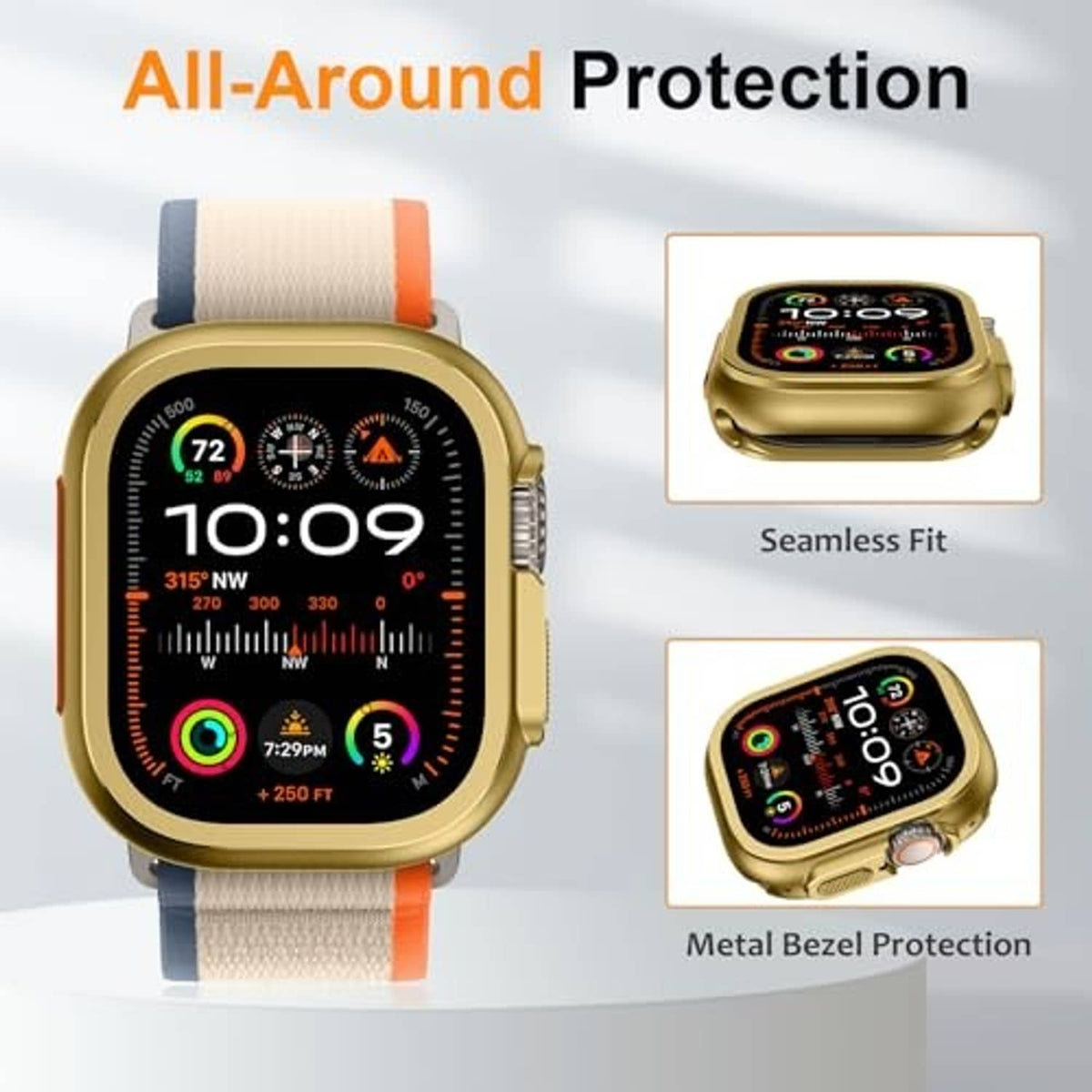 Gold metal watch case featuring seamless fit and metal bezel protection on light strap
