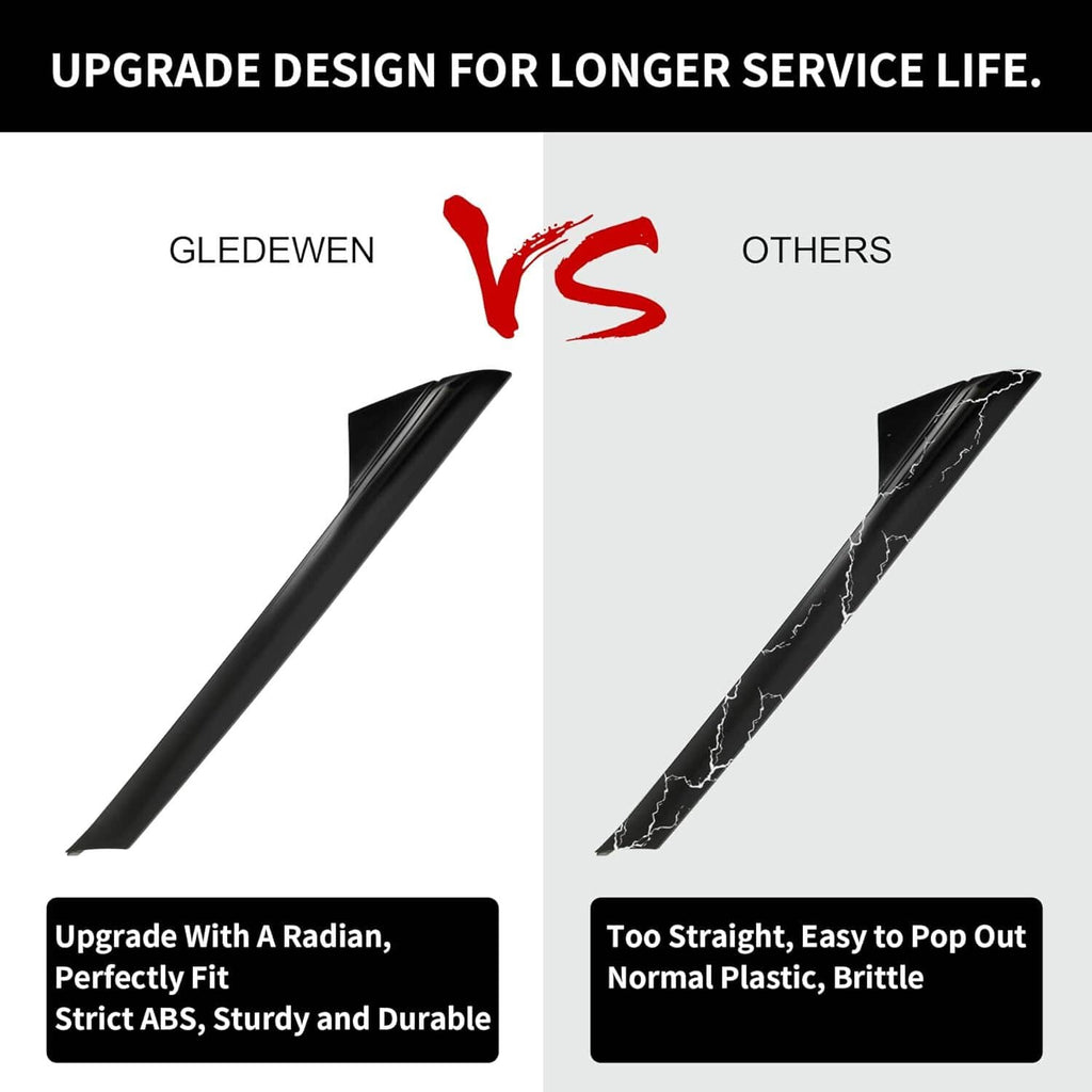 Black A-pillar windshield molding trim with side-by-side comparison views