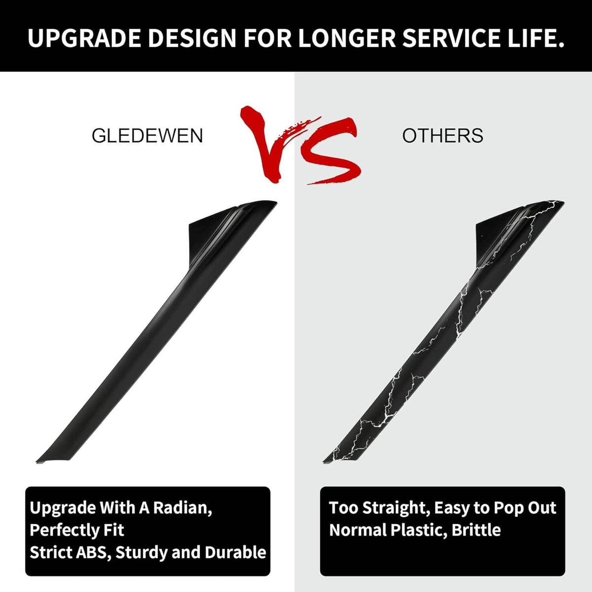 Black A-pillar windshield molding trim with side-by-side comparison views