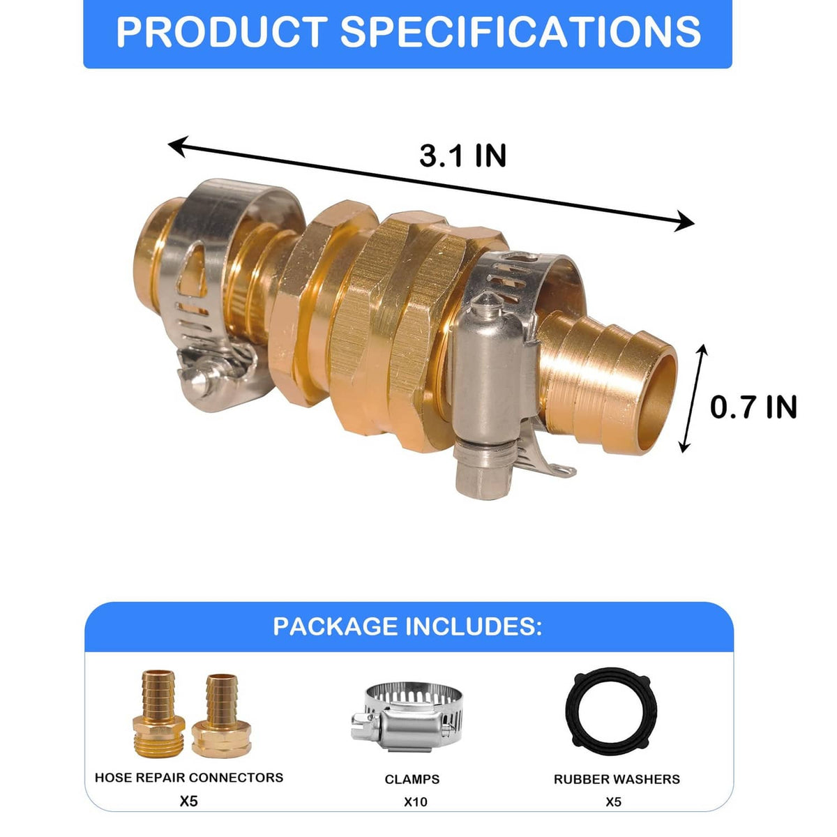 Gold aluminum hose mender connector with stainless clamp, dual hose ports, side view