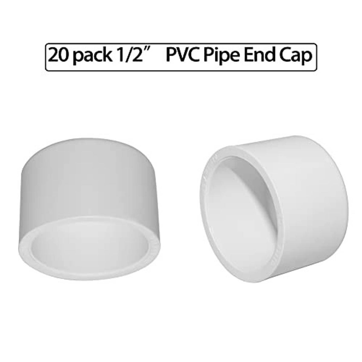 White 1/2 in PVC pipe end cap fittings, cylindrical slip-on end plugs, two shown
