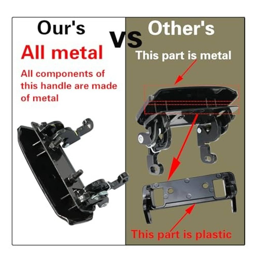 All-metal door handle components diagram with black handle and metal mounting parts