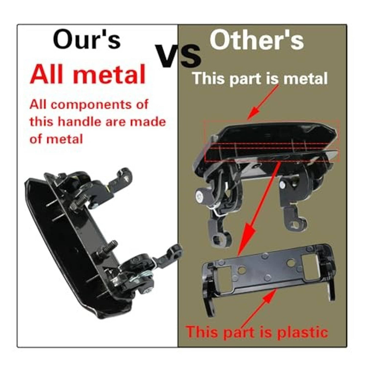 All-metal door handle components diagram with black handle and metal mounting parts