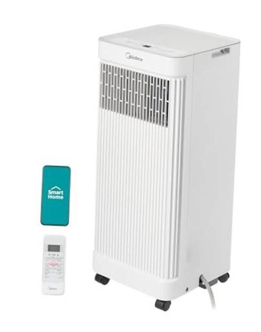 White portable AC unit with front grille, top controls, and caster wheels