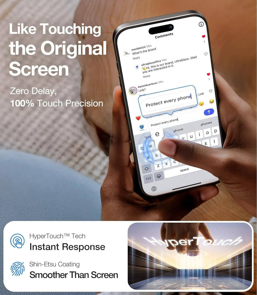 Clear 9H+ glass screen protector on iPhone 16 Pro, touch precision responsive screen