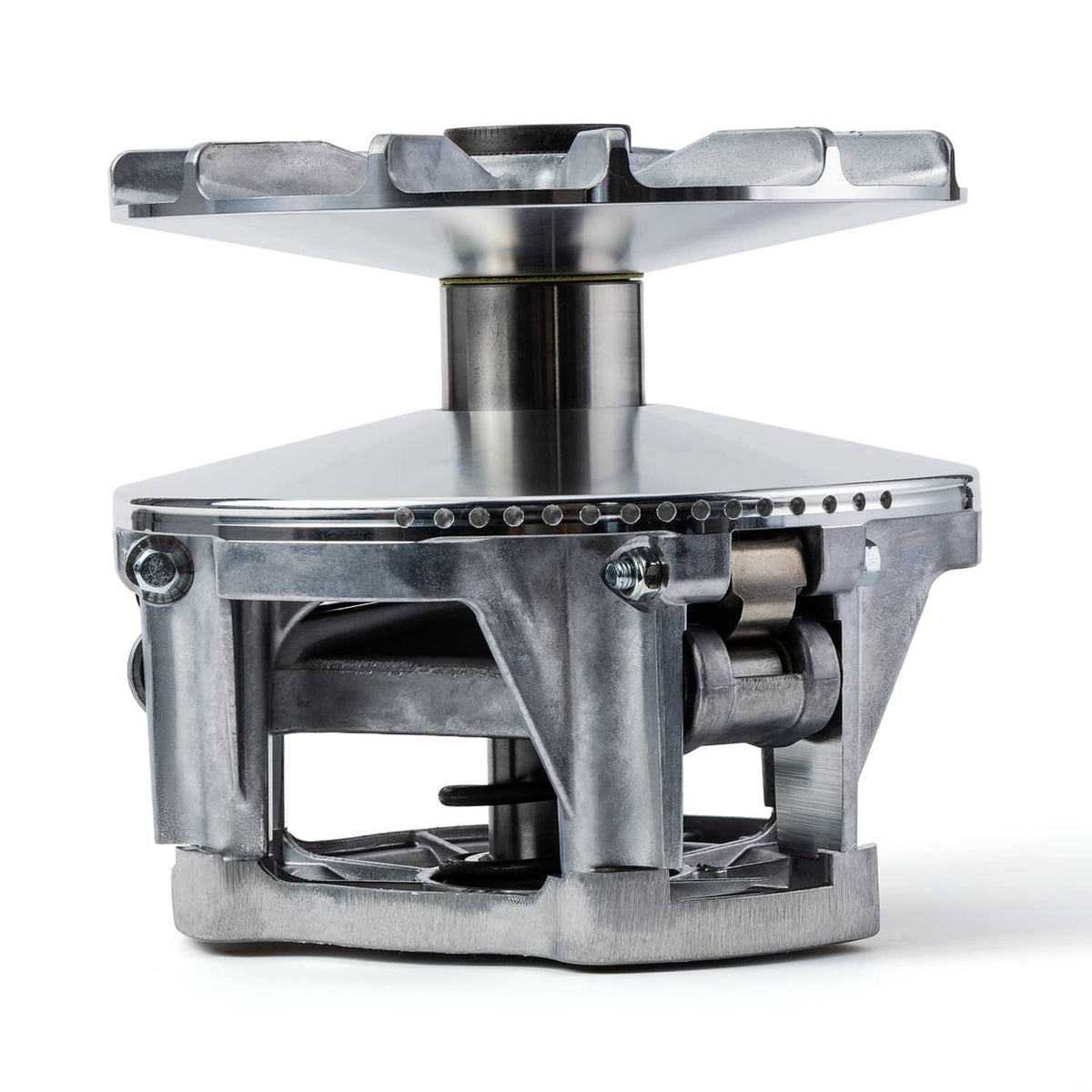 Metallic clutch assembly with housing and center shaft, industrial silver finish