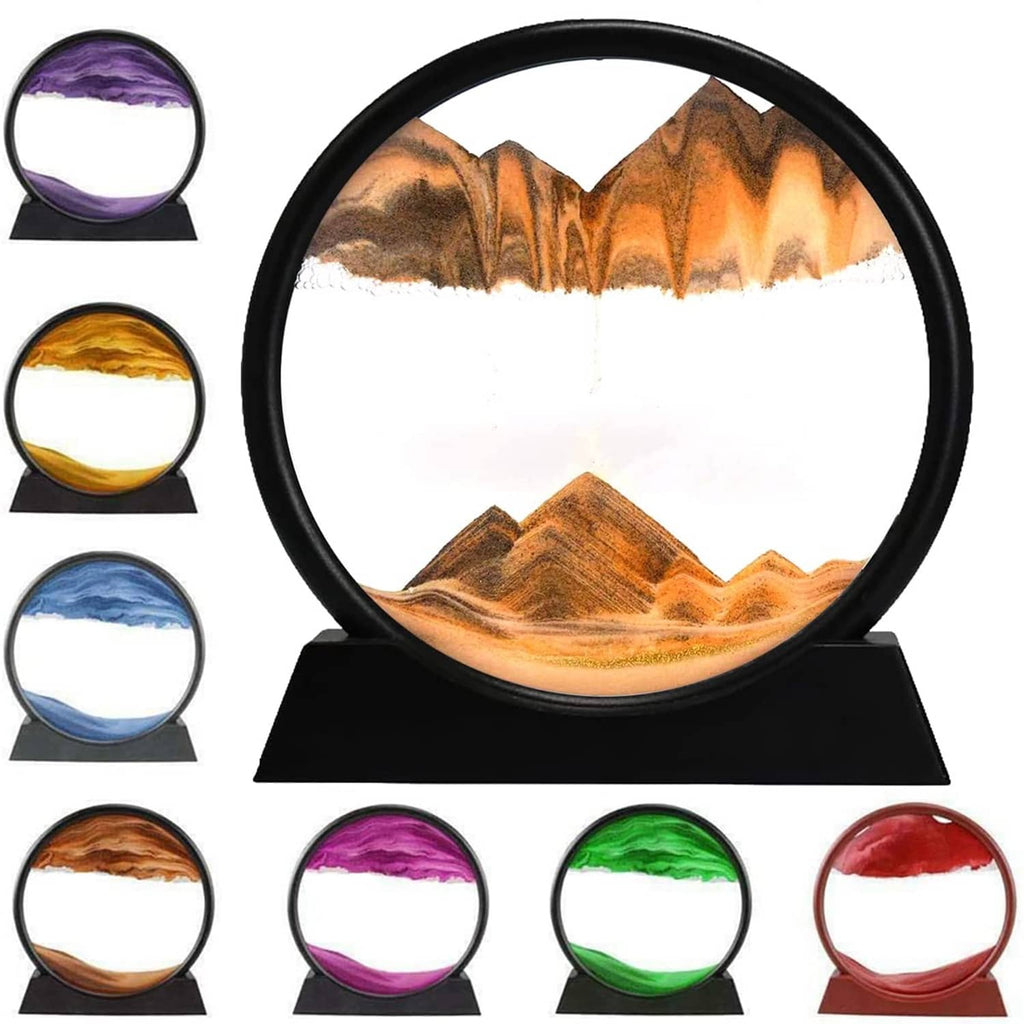Dynamic sand art sphere with black frame and orange-brown desert landscape on base