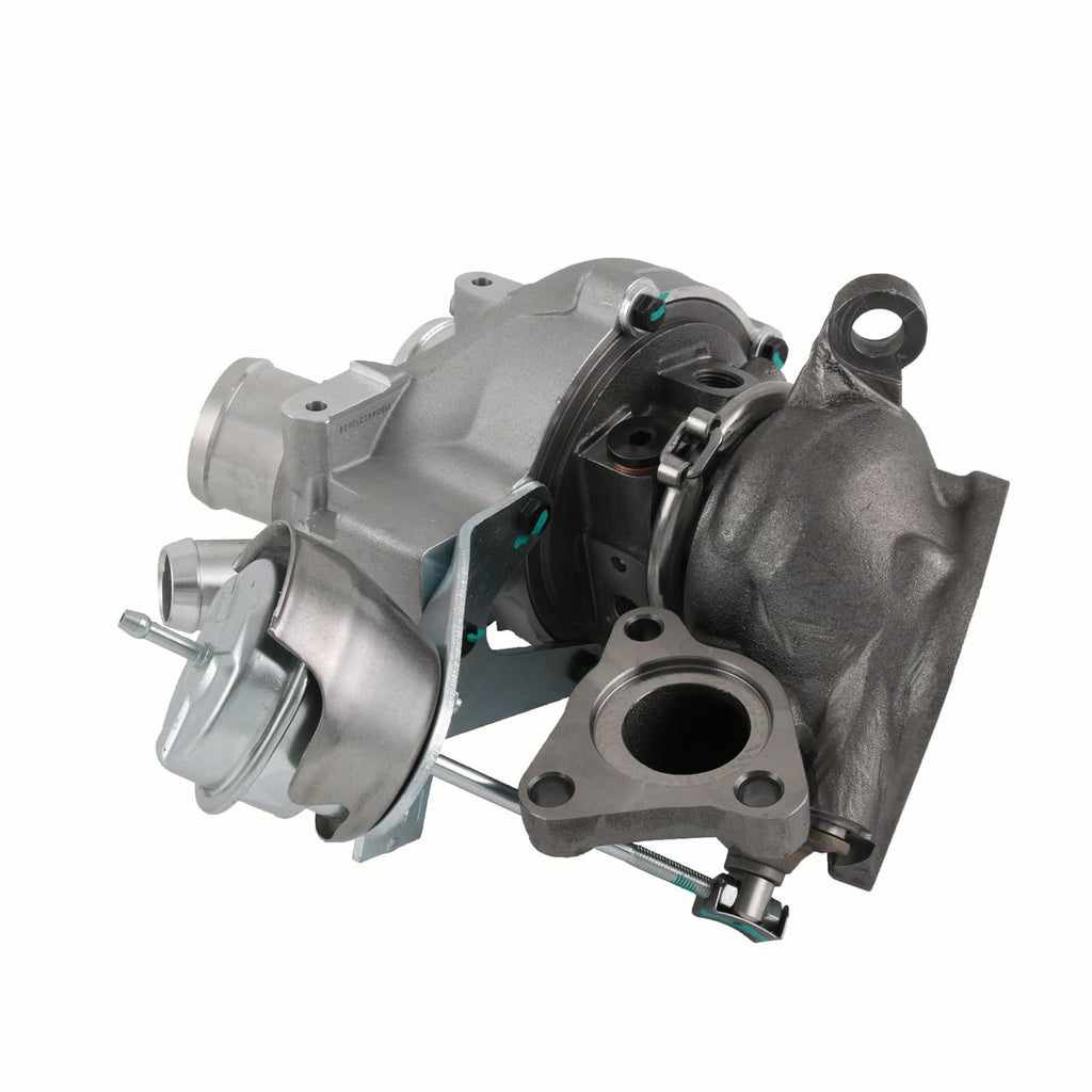 Turbocharger with dual mounting points and visible compressor outlet, angled view