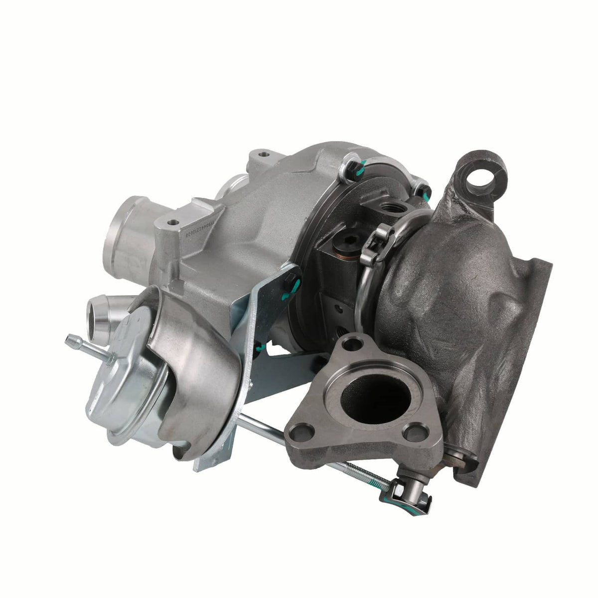 Turbocharger with dual mounting points and visible compressor outlet, angled view