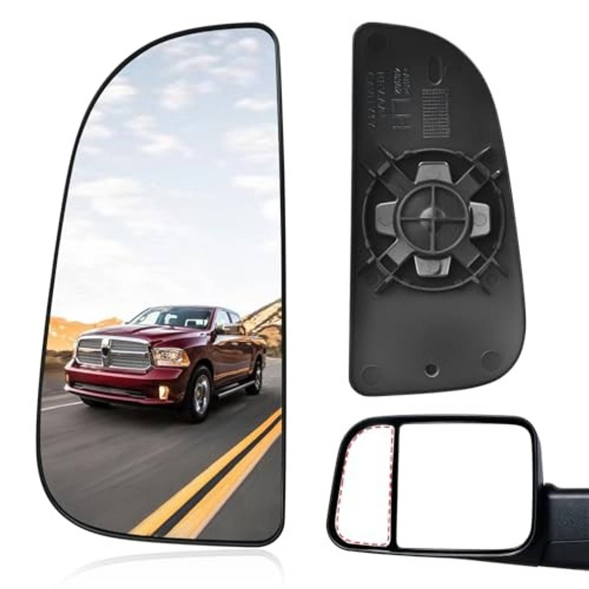 Driver-side lower mirror glass assembly, black backing plate with lens