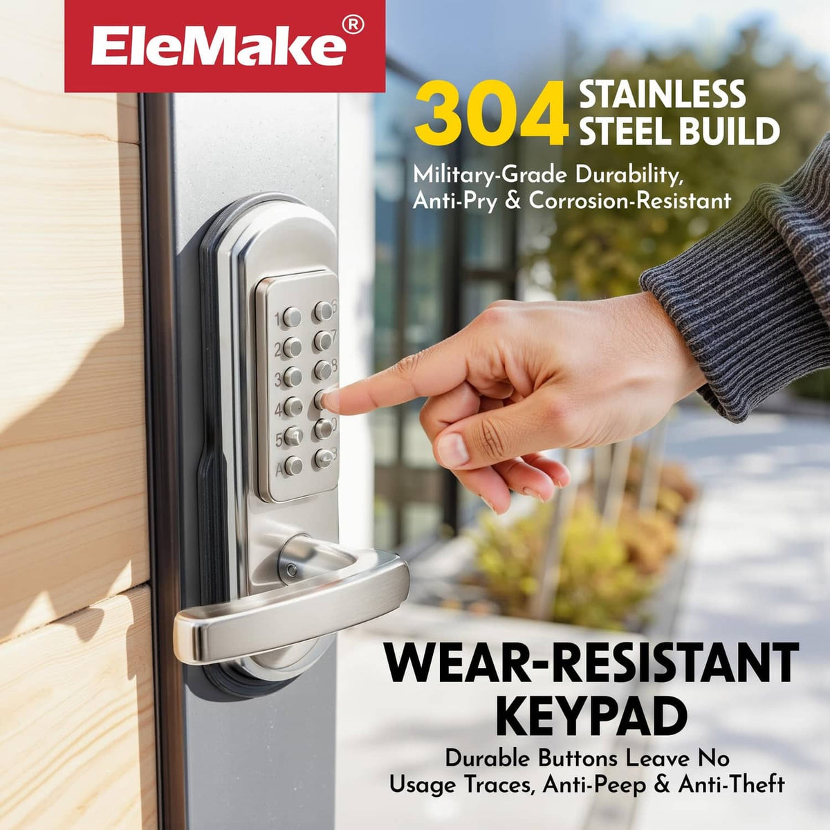 Left-handed keyless door lock with stainless lever handle and keypad buttons.