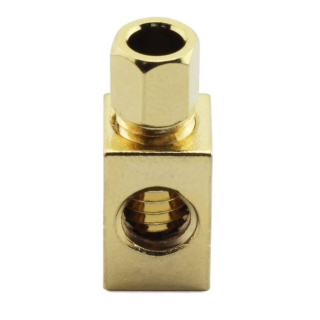 Gold speaker cable banana-to-spade adapter with round socket opening on hex base