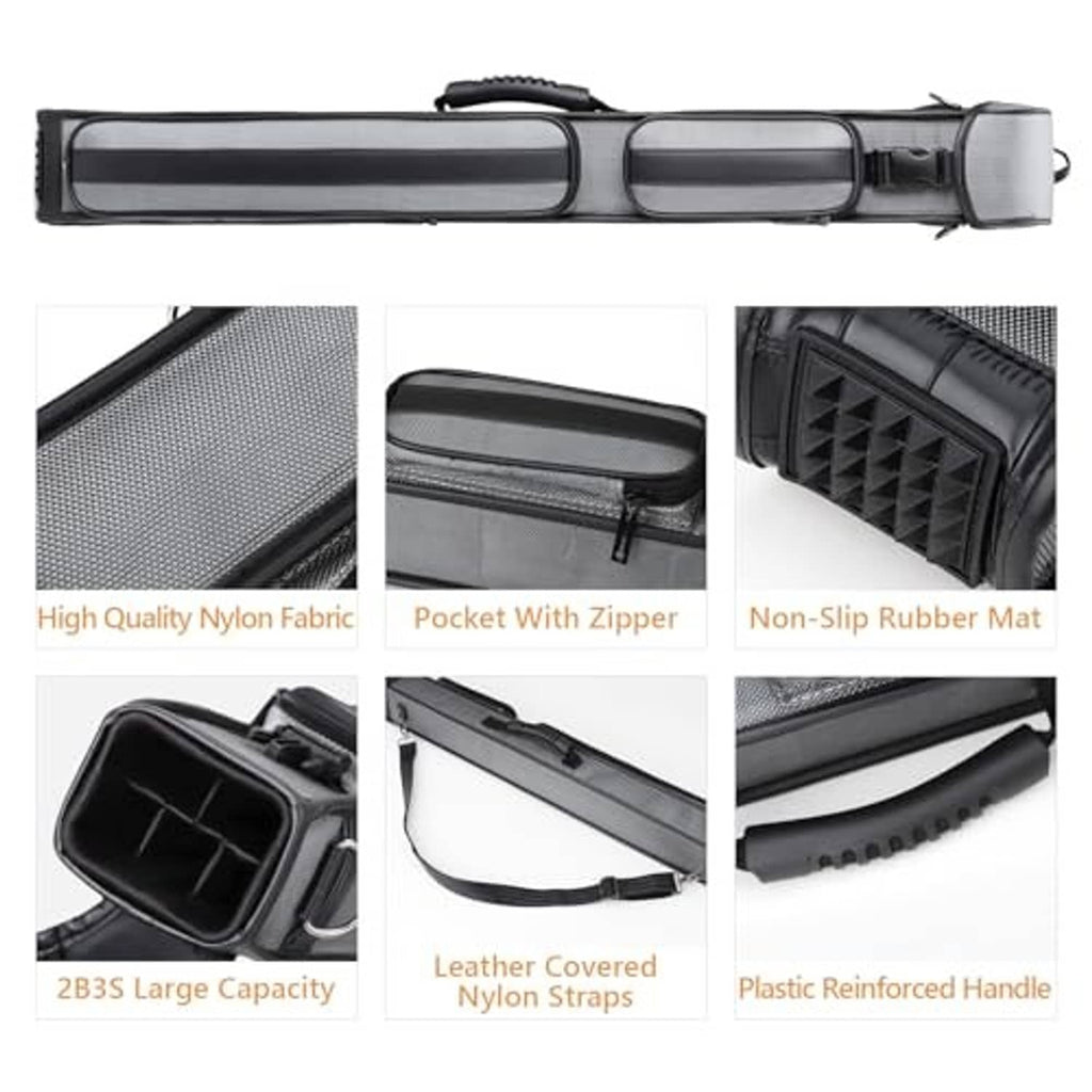 Hard pool cue case with nylon fabric, zip pocket, non-slip rubber mat, and reinforced handle