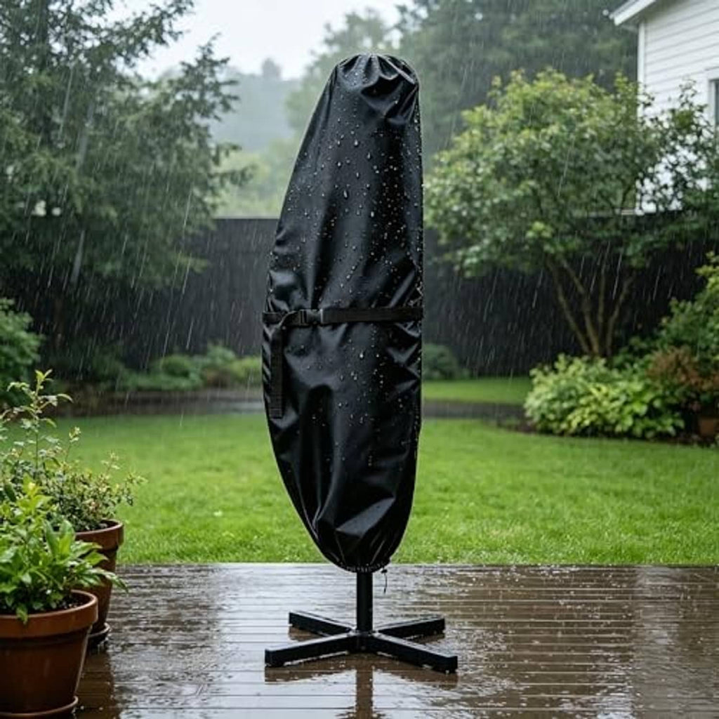Black waterproof umbrella cover on a stand outdoors during rainfall