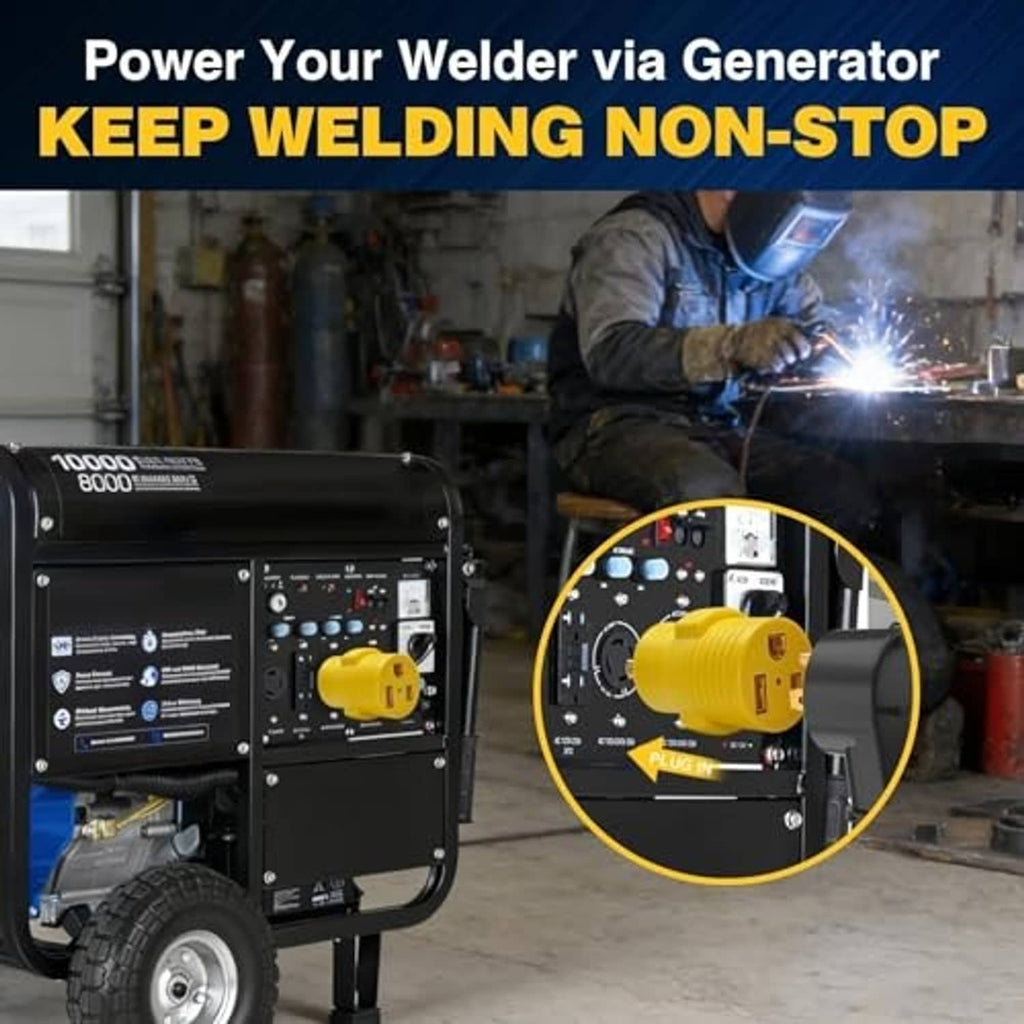 Yellow generator-to-welder adapter plug shown connecting to a welding generator control panel