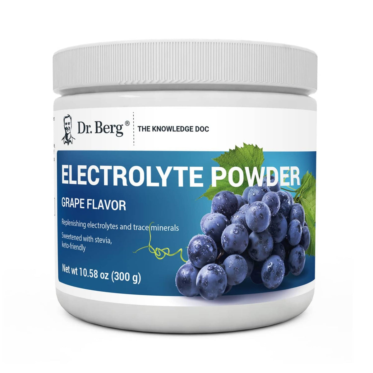 Dr. Berg electrolyte powder jar, grape flavor, white tub with gray screw lid.