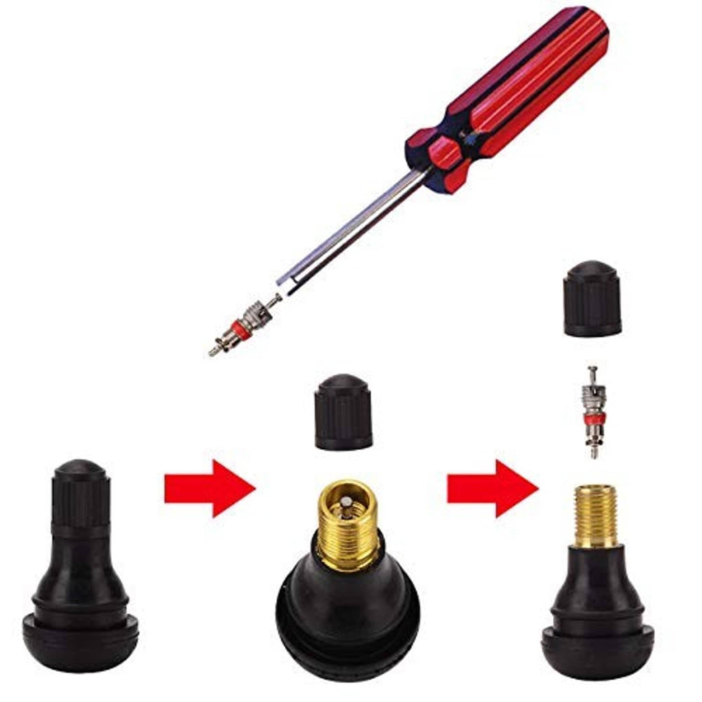 Tire valve stem tool and snap-in caps shown with installation arrows and brass core