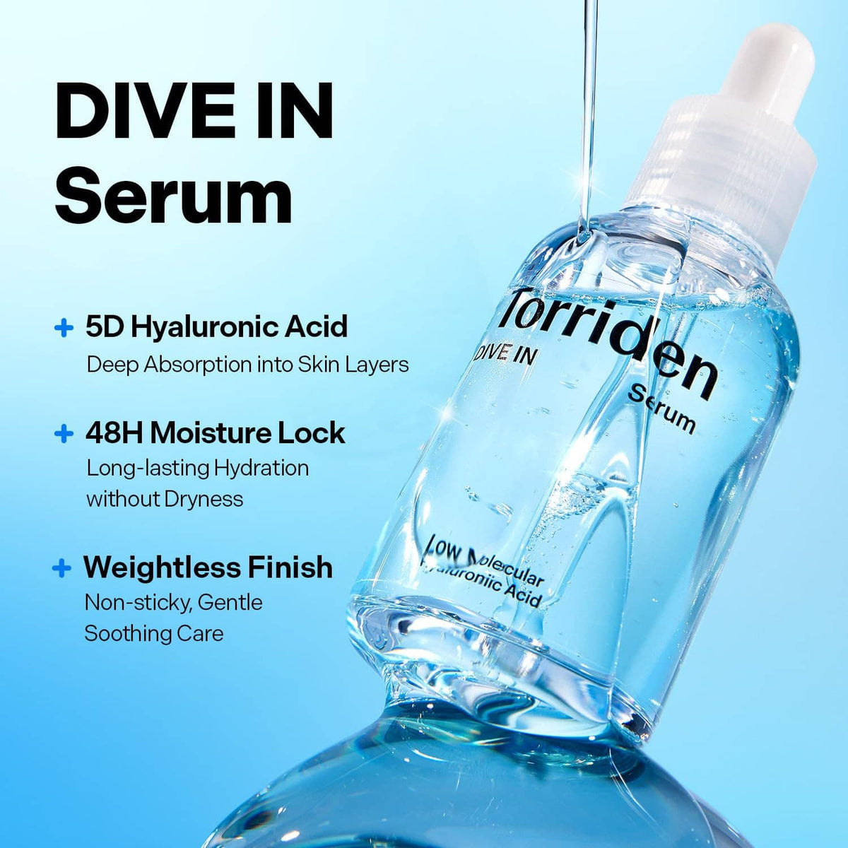 Torriden DIVE IN serum dropper bottle with blue liquid and hyaluronic acid panel